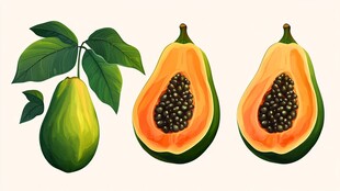 木瓜果实及枝叶插画展示