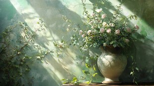 阳光洒下的花瓶与烂漫花卉