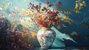 中式花瓶插满绚烂花卉