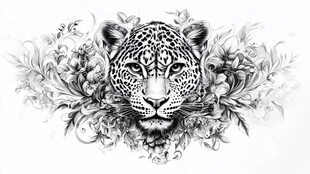 豹头花卉黑白艺术图案