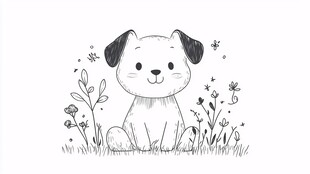 可爱小狗坐于花草间