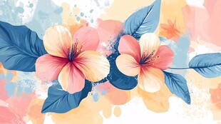 水彩绘双花与叶的梦幻画面