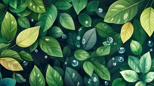 绿叶与水珠的清新画面
