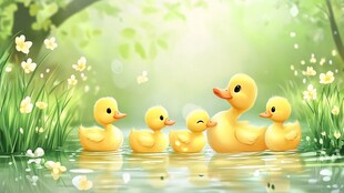 池塘边的小黄鸭一家