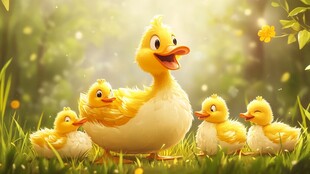 鸭妈妈与小鸭子的温馨画面