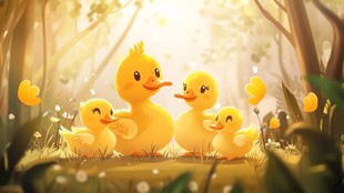 森林里的可爱小黄鸭一家