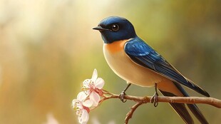 蓝羽小鸟栖于繁花枝头