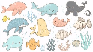 可爱海洋生物卡通插画集合
