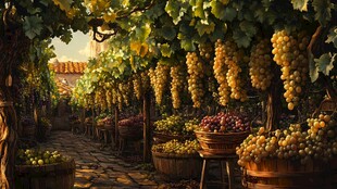 葡萄藤下的丰收盛景