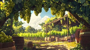 田园葡萄架下的惬意风光