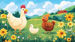 田园中快乐的鸡一家