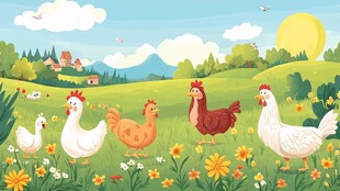 田园中漫步的多彩鸡群