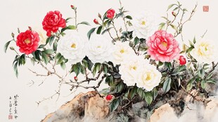 国画牡丹绽放于石畔