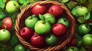 装满红绿苹果的藤编果篮