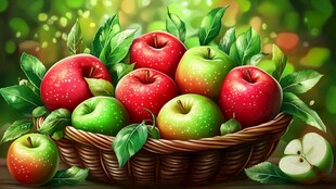 篮子里色彩鲜艳的红青苹果