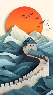 长城落日美景纸艺插画