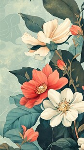 花卉插画 多彩花朵与绿叶
