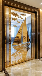 金色帆船艺术玻璃入户门