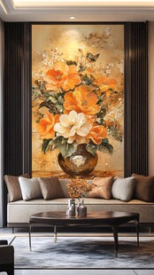 客厅中式花卉壁画装饰