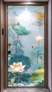 中式荷花艺术玄关玻璃画