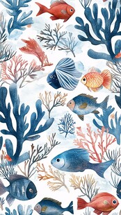 海洋鱼类与珊瑚水彩图案