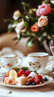 精致茶具配缤纷水果与鲜花