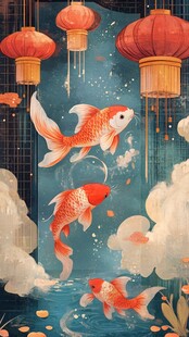 中式锦鲤灯笼梦幻插画