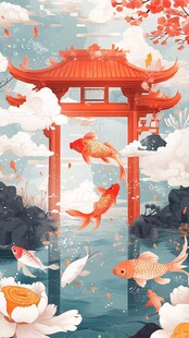 锦鲤跃龙门中式美景图