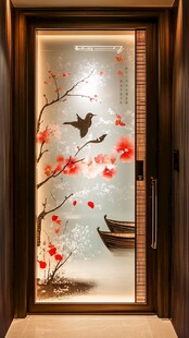 中式花鸟艺术玻璃门