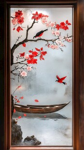 红梅栖鸟泛舟中式美景