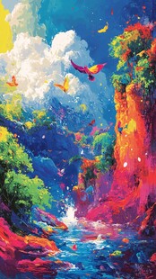 梦幻山谷中的飞鸟与溪流