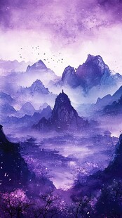 梦幻紫境中的山川飞鸟