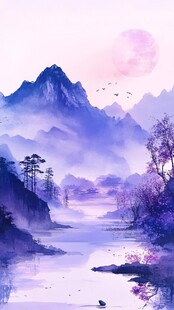 水墨山水月夜泛舟图