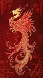 金凤凰于红色花纹背景飞舞