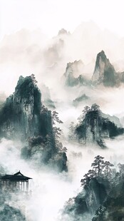 水墨山水间的古韵楼阁