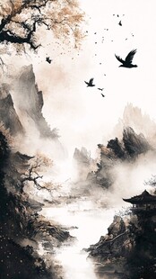 水墨山水间飞鸟掠过古景