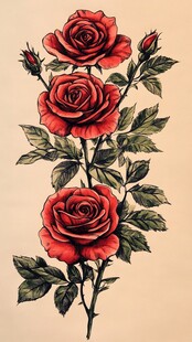 三朵娇艳红玫瑰插画