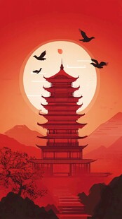 落日下的中式塔楼与飞鸟