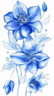 蓝色手绘花卉优雅插画