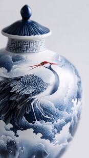 蓝白仙鹤瓷瓶 古韵雅致