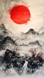 水墨山水间的红日盛景