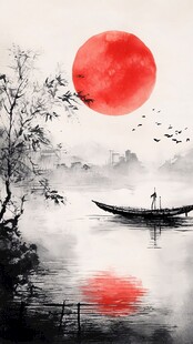 江上红月独舟诗意之景