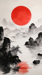 红日映山水国画意境图