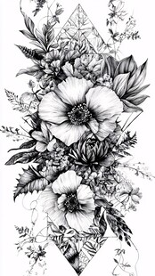 黑白花卉几何图案插画