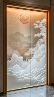 中式山水艺术玻璃移门
