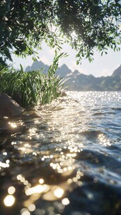 湖畔阳光绿意自然风光