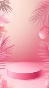 粉色展台与热带植物背景