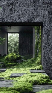 青苔覆盖的静谧室内景观