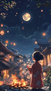 月夜女童赏景放灯图