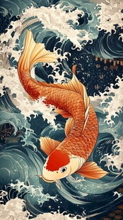 锦鲤跃浪图